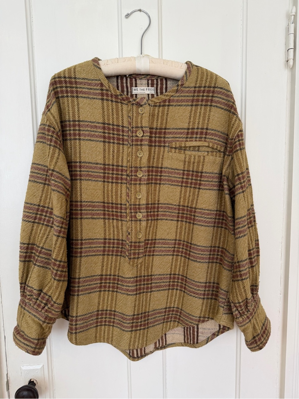 We The Free Plaid Button Henley Top - Mustard & Burgundy
